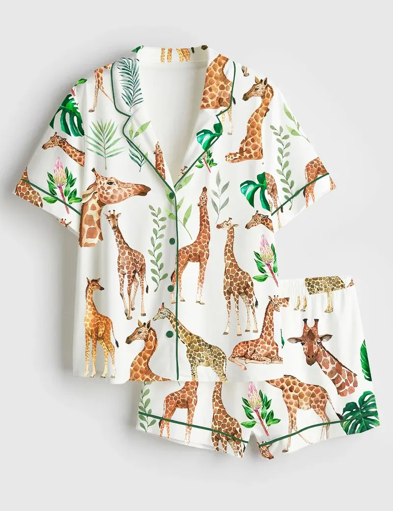 Women’s Watercolor Giraffe Safari Animal Tropical Leaf Print Short Sleeve Silk Satin Pajama Set Soft Sleepwear
