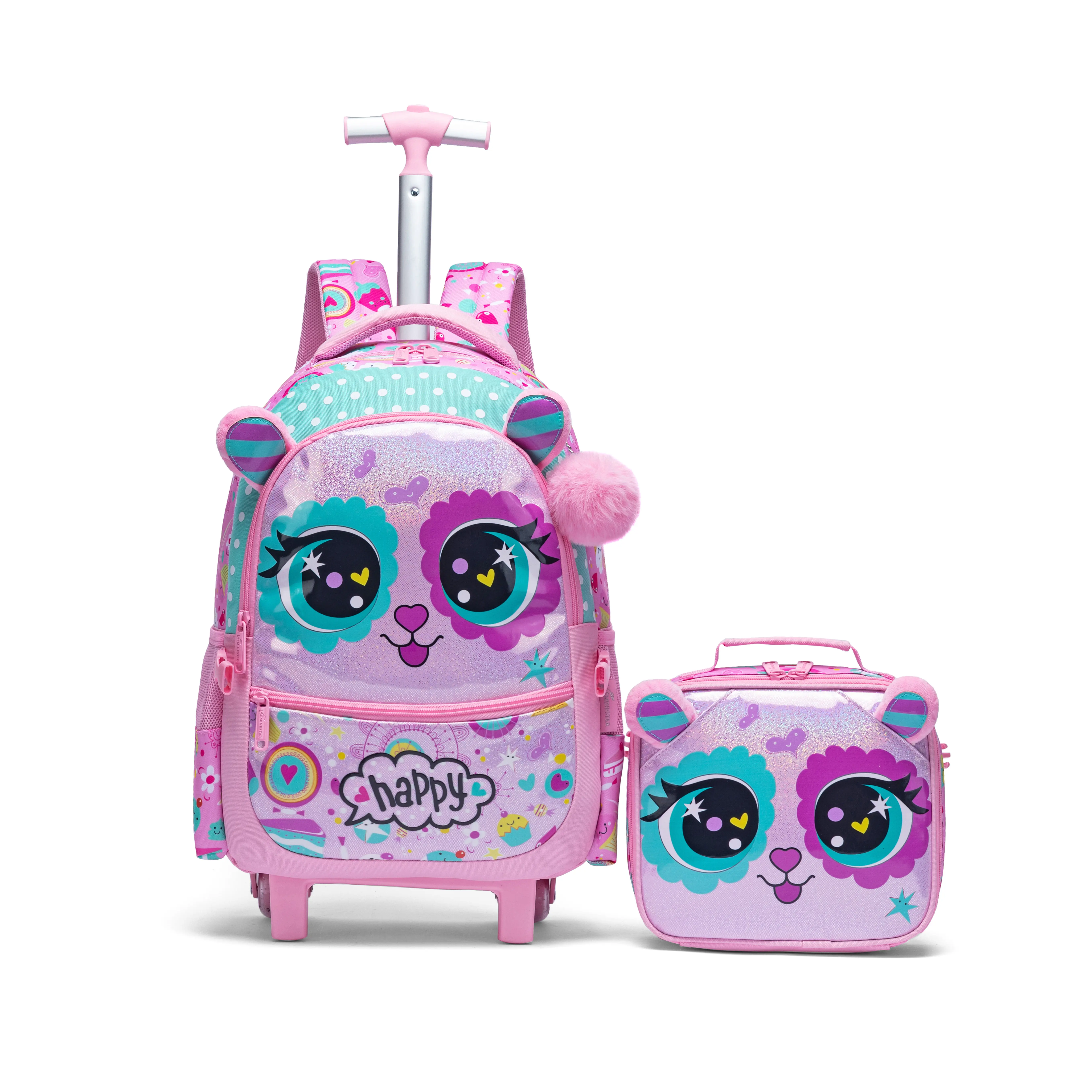 Girls' Chic Waterproof Rolling Carry On Backpack with Ergonomic Inline Skate Wheels, Durable Nylon Back to School Daypack - Graphic Playful Faces, Fun Practical Kids' Bag, Carry On Backpack With Wheels, Durable Nylon Daypack, Water Resistant Backpack