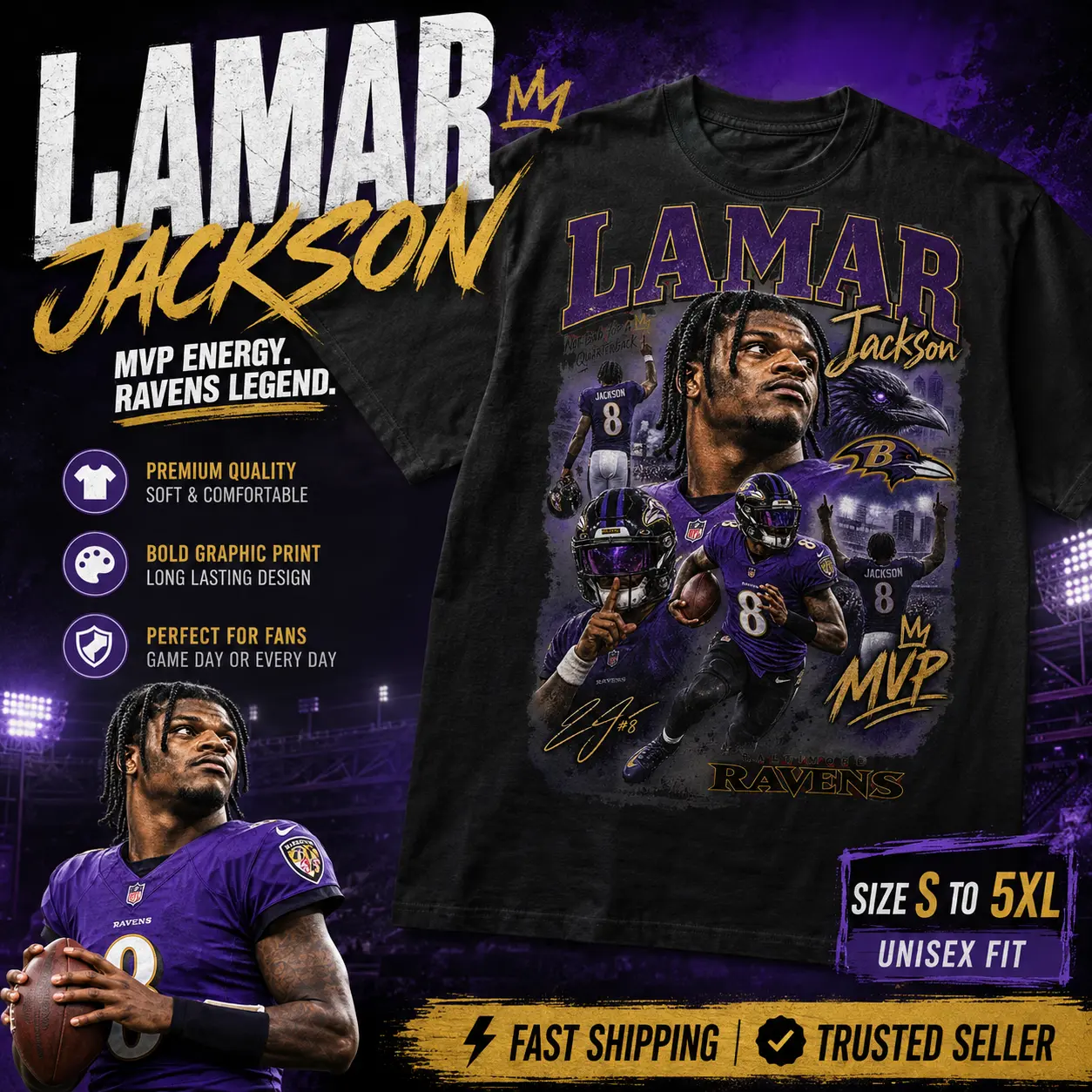 Lamar Jackson Shirt Ravens Football T Shirt, Vintage Graphic Tee for Men Women, NFL Fan Streetwear, Unisex Oversized Casual Top, Game Day Apparel S-5XL