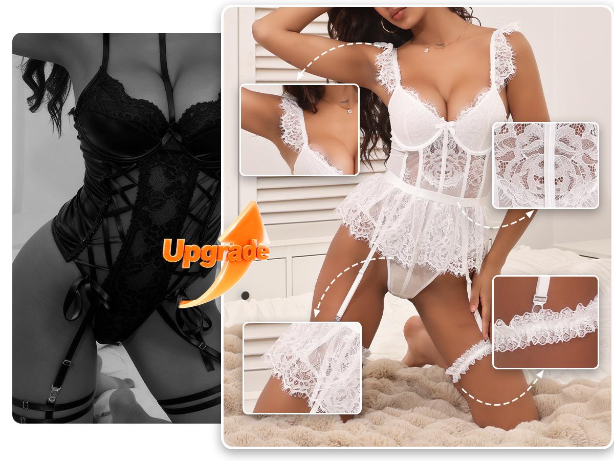 CHALOVELO Women's 2-Piece Lace Teddy Babydoll Bodysuit Lingerie Set, Underwire Floral Top with Detachable Sheer Skirt