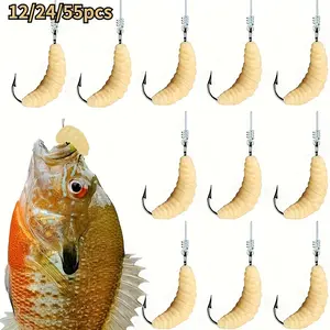 [Rubber Maggots Fishing Bait] 12/24/55pcs Rubber Maggots Fishing Bait |   Bulk Fishing Grubs for Trout, Crappie, Pan Fish, Bluegill - Fresh Water Fishing Lures Set (Hooks and Worms)