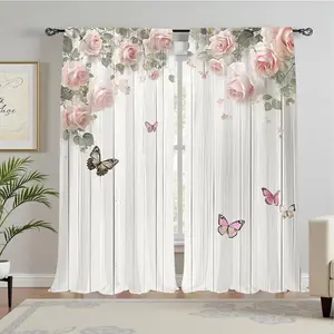 Floral Butterfly Pattern Curtain, 2pcs/set Modern Window Curtain, Home Decoration for Kitchen, Living Room, Bedroom, Attic, Home Textile