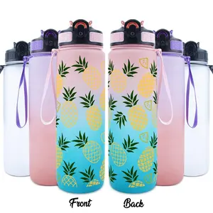 Pineapple Pattern Water Bottle, 1 Count 32oz Sports Water Bottle with Time Marker, Outdoor Durable Large Capacity Hiking Water Bottle, Drinkware