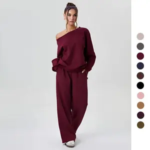 Women's Casual Solid Color Off-Shoulder Long Sleeve Top and Wide-Leg Pants Set Comfortable Round Neck Loose Two-Piece Basic Women's Clothing