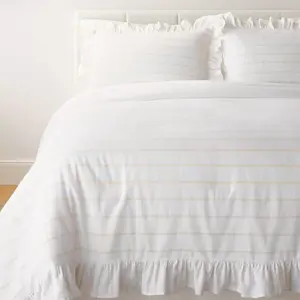 Threshold Studio McGee King Cotton Slub Ruffled Comforter Set - White/Khaki Bedding Set with Ruffle Accents, Ruffled Bedding Set, Bedding Sets
