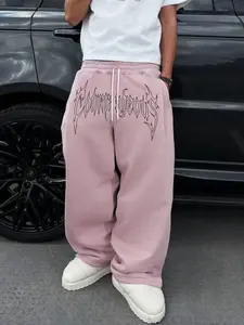Men's Gothic Font Print Wide Leg Sweatpants, Loose Long Pants, Elastic Fabric, Drawstring Waist, Side Pockets, Streetwear, Casual, Sports Bottoms