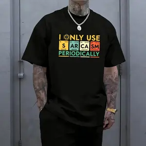 Men’s “I Only Use Sarcasm Periodically” science humor graphic T-shirt, periodic table quote tee, casual crew neck, perfect for nerds, science lovers, and everyday wear.