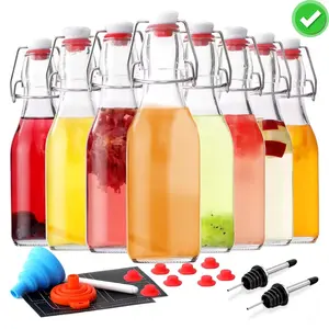Swing Top Glass Bottles 8 Pack, 8.5 oz Flip Top Beer Brewing Bottle, Airtight Stopper Cap Lid, Bonus 2 Bottle Pourer for 2nd Fermentation, Kombucha, Kefir, Vanilla Extract, Coquito, Juice, Tea