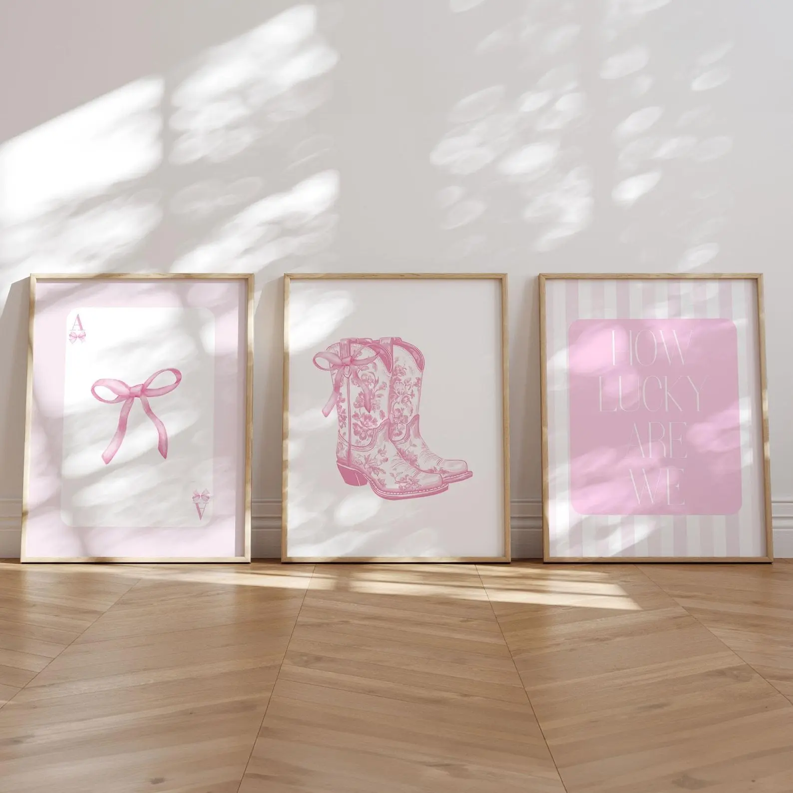 How Lucky Are We Set of 3 Coastal Cowgirl Coquette Bow Boots Girly Western Wall Art Light Pink Cute Poster Trendy Dorm Decor