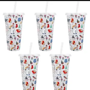 Christmas Color Changing Cups 5 Pcs Plastic Xmas Cups Reusable Travel Tumbler with Lids and Straws Iced Coffee Cup Cold Water Drink Change Cups 710ml