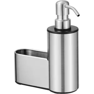 Kitchen Soap Dispenser with Sponge Holder, 12 oz Dish Soap Dispenser for Kitchen Sink Countertop, Stainless Steel Pump, Organizer Holder with Storage for Bathroom