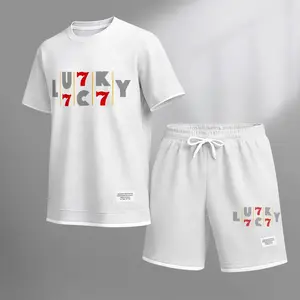 Men's Lucky 7 print drawstring shorts set for spring/summer, a casual summer outfit including a short-sleeved shirt and shorts, suitable for everyday wear and sports. A two-piece set for a relaxed and energetic lifestyle.
