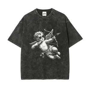Vintage Washed Cherub Angel Cupid Graphic T-Shirt - Y2K Oversized Heavy Cotton Streetwear Retro Round Neck Tee, Unisex Casual Top, Perfect Father's Day & Valentine's Gift