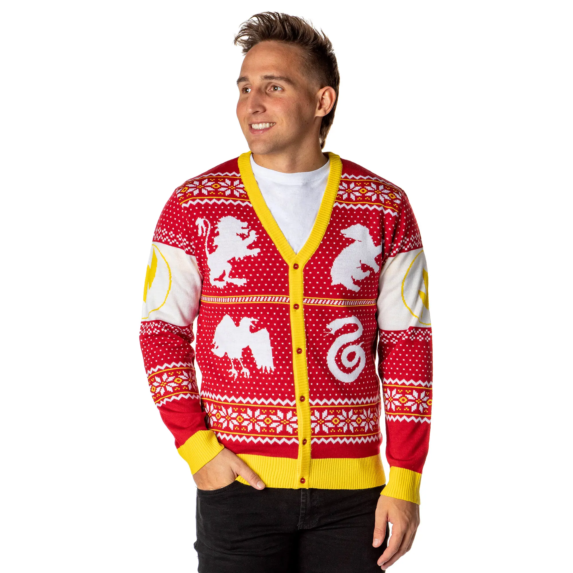 Harry Potter Men's Hogwarts Houses Ugly Sweater for Christmas Knit Button-Up Cardigan, Acrylic, Garment, Menswear, Apparel, Knitwear, Classic, Tops, Animal, Pullover