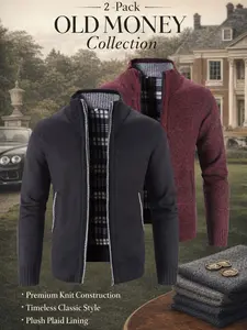 Old Money Stand Collar Knit Cardigan Set, Heavyweight Knit & Plaid Lining, Vintage Style, Business Commute, Family Gathering, Autumn Winter