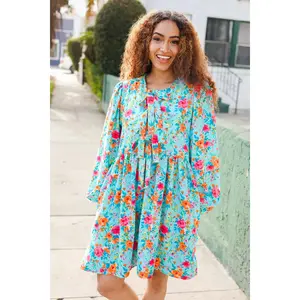 Feeling Femme Aqua Floral Ribbon Bow Tie Babydoll Dress