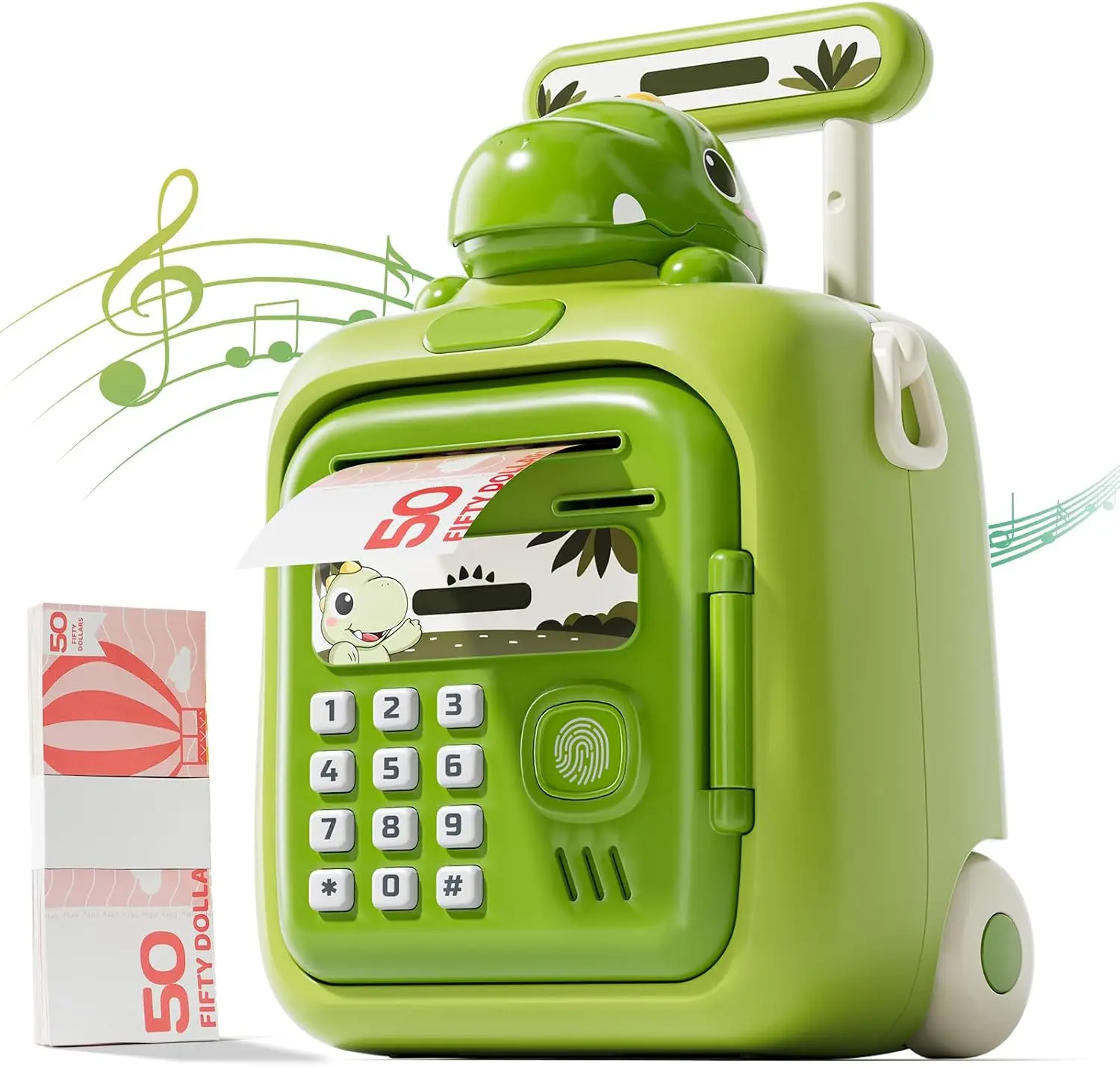 Dinosaur Rolling Suitcase Piggy Bank - Fingerprint Password Money Saving Box with Auto Cash Function, 5 Learning Modes, Music & Stories, Educational Toy Gift for Kids 3+