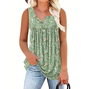 Plus Size - Plus Size - Women'S Sleeveless Henley Top with Floral Print, Perfect for Summer Casual Vacation Style