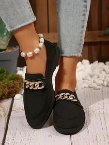 Women's Fashionable Chain Decorated Slip on Flats, Casual Comfortable Flat Shoes for Daily Wear, Lightweight Breathable Shoes for All Seasons Footwear