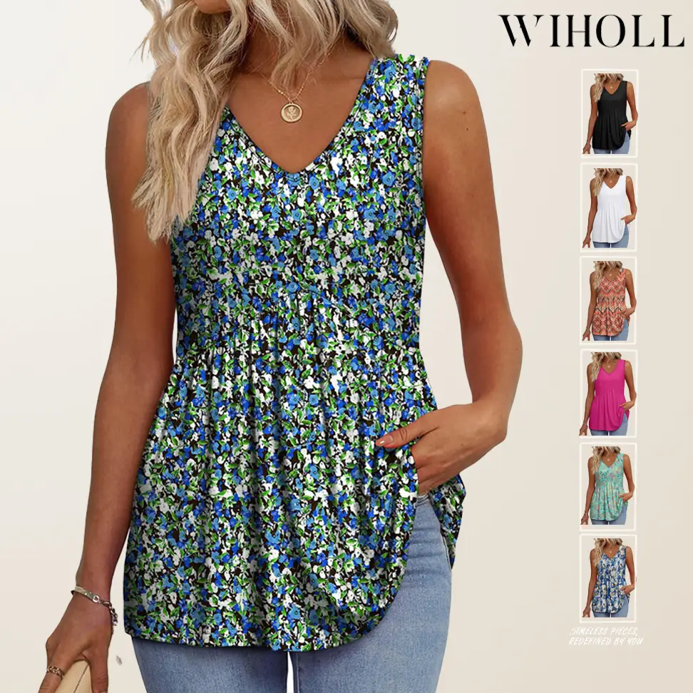WIHOLL Womens Tank Tops 2025 Flowy Peplum Tops (Size Up 1-2 for Oversized Look) for Women Dressy Sleeveless V Neck Babydoll Tank Tops Fabric Stretchy