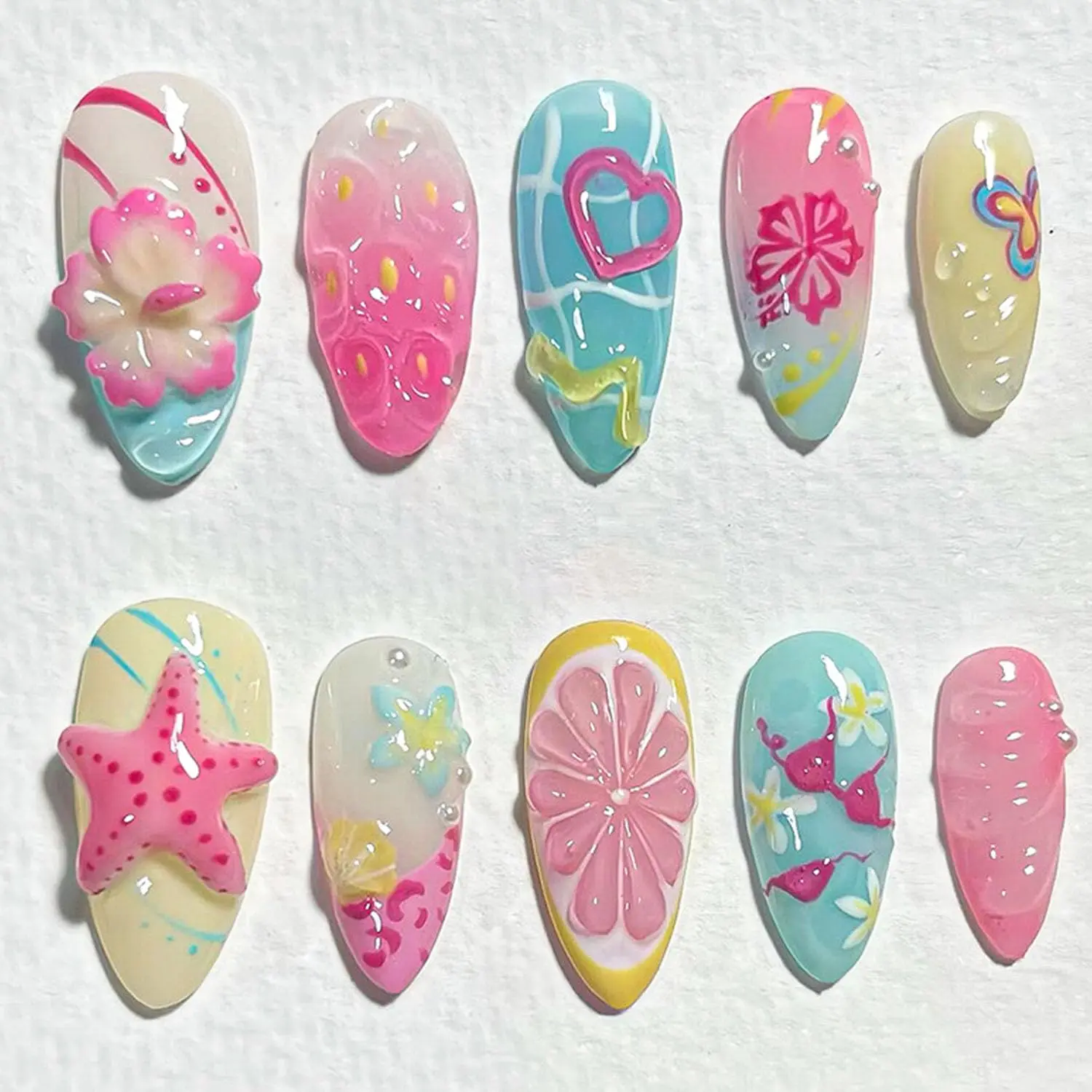 Press-On Nails Set, Beach & Shell Pattern, Glossy Finish, Full Coverage, Easy-Apply, Chip-Resistant, Salon-Look Nail Art Decoration