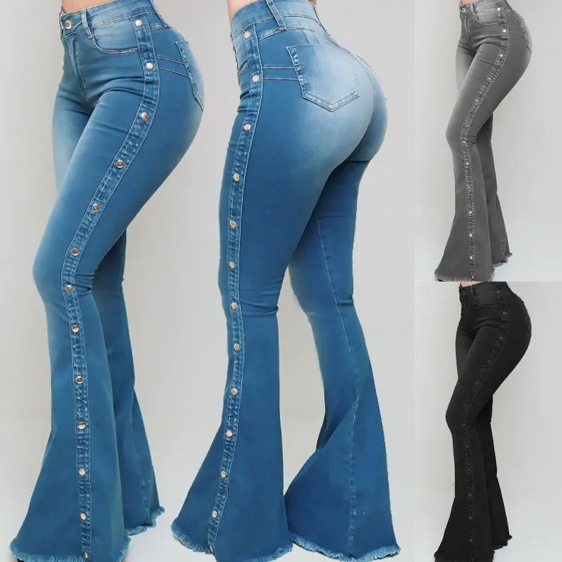 Women's High-Waist Booty-Lifting Fitted Stretch Cotton Denim Jeans - Full-Length Floor-Grazing Flared Bottom, Casual Vibe Lady Style, Cropped Option Compatible with Bodysuits, Tees