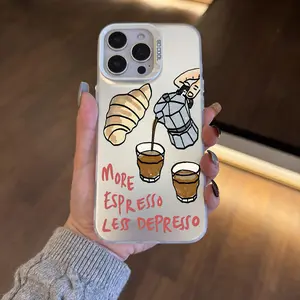 Coffee and croissant-themed fun slogan and graffiti pattern, anti-drop and anti-slip TPU full-coverage lens phone case, suitable for iPhone 17, 16, 15, 14, 13, 12, 11, XS, X, Samsung S25, S24, S23, S22 and other series models.