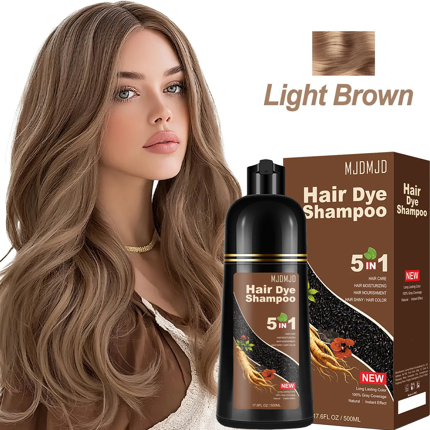 Light Brown Hair Dye Shampoo 5-in-1, Instant & Long-Lasting Hair Color Shampoo for Gray Hair Coverage, Herbal Natural Ingredients, Ammonia-Free, Unisex 500ml