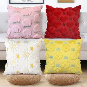 Spring Summer Pillow Covers 18x18 inch Set of 2 Farmhouse Decor Peach Pineapple Flower Heart Sunflower Soft Plush Faux Fur Jacquard Throw Pillows for Sofa Holiday Home Decor, Gifts for Mom