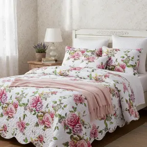 Romantic Roses Floral Bedspread Set - Lovely Spring Pink & White Scalloped Colorful Lightweight Breathable - Bright Vibrant Quilted Coverlet w/Pillow Shams - Queen - 3-Pieces