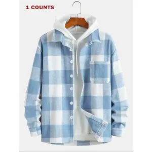 Men’s plaid print button-front jacket without hoodie, checked loose casual drop-shoulder long-sleeve outerwear with collar for fall and winter, men’s clothing for daily wear