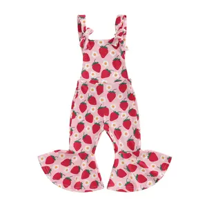 Toddler Floral Flare Leg Jumpsuit Baby Girl Bell Bottom Romper Strawberry Suspender Overall Kids Sleeveless Playsuit