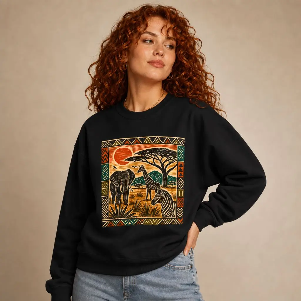 Women's African Safari Sweatshirt, Casual Long Sleeve Top with Vintage-Inspired African Safari Graphic, Longsleeves, Gift Ideas, Daily Wear, Vintage Safari