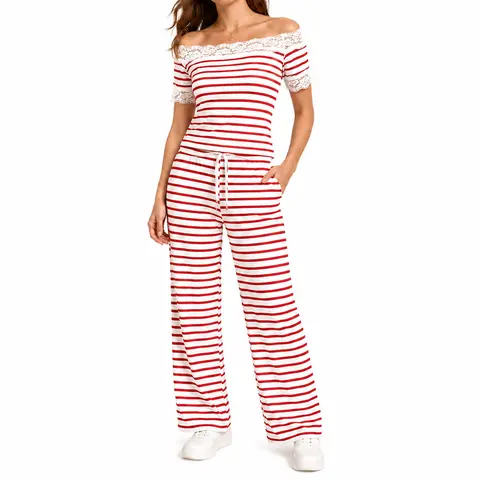 GLAMONIQUE Women's Stretchy Striped 2-Piece Set - Off-Shoulder Edge Short Sleeve Crop Top & High-Waist Wide Leg Pants, Red & White Easy 2-Pc Summer Vacation Casual Outfit, Cute Clothes Set, Gift Option
