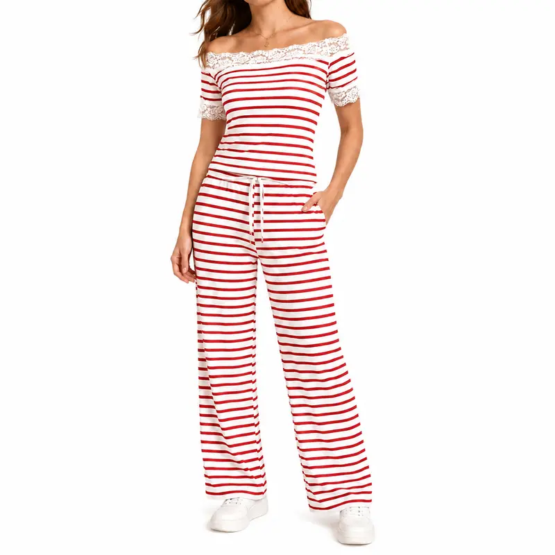 GLAMONIQUE Women's Stretchy Striped 2-Piece Set - Off-Shoulder Edge Short Sleeve Crop Top & High-Waist Wide Leg Pants, Red & White Easy 2-Pc Summer Vacation Casual Outfit, Cute Clothes Set, Gift Option