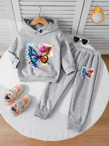 Girls' Fall & Winter Fleece Lined 2-Piece Set, Long Sleeve Hooded Sweatshirt, Hoodie Top, Colorful Butterfly Print, Casual Fit, Ideal Gift