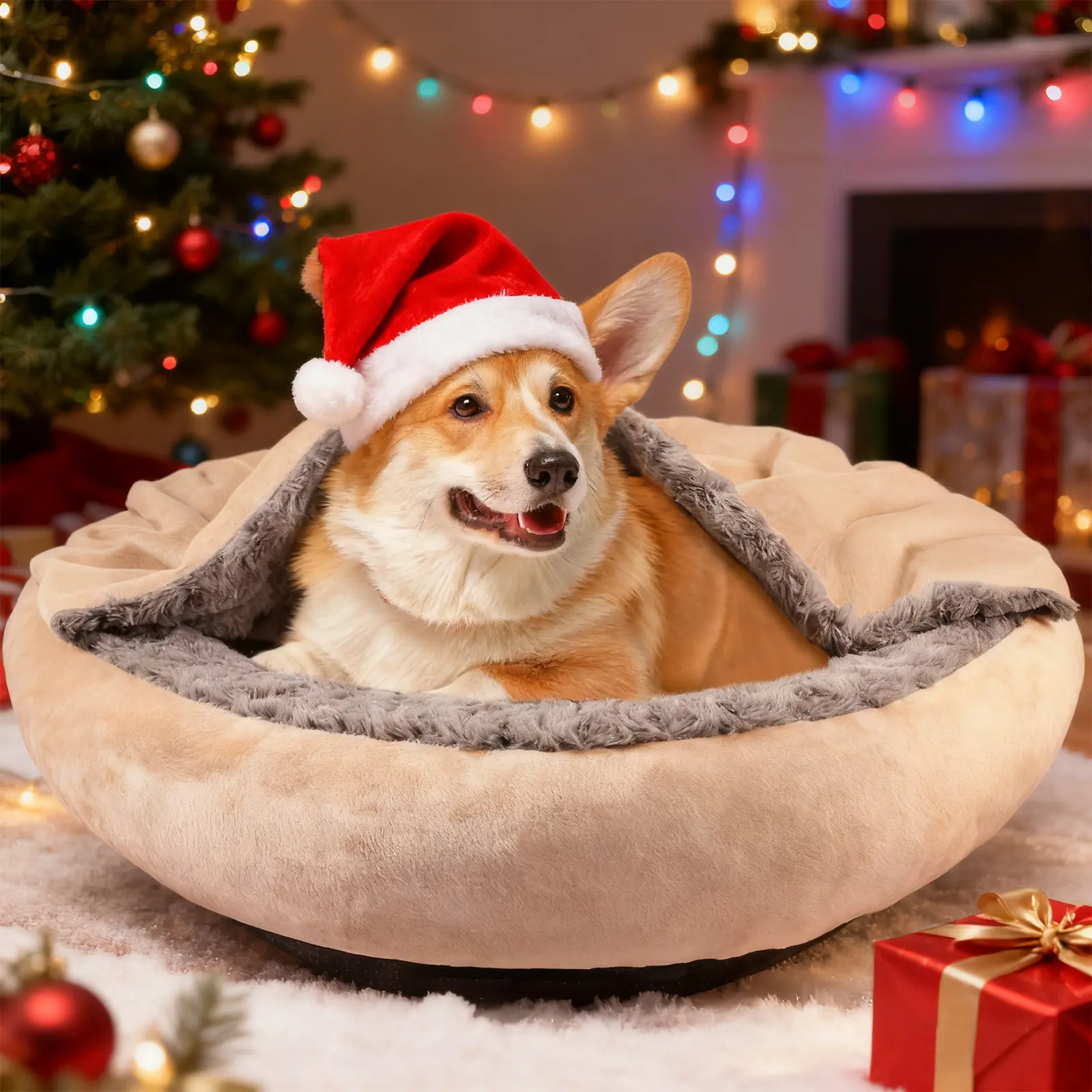 26-in Round Cozy Donut Shaped Dog Bed for Small Breeds, Calming Cave with Snug Blanket Wrap, Anti-Anxiety Snuggle Pet Bed - Machine Washable, Non-Slip Bottom, Shaped Beds