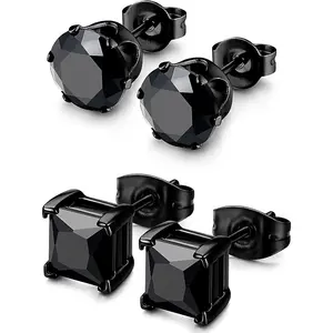 BESTEEL Hypoallergenic CZ Black Stud Earrings for Men & Women - Stainless Steel studearrings, Square Round Shape, Sensitive Ear Jewelry Set, Model 3-8MM accessories men
