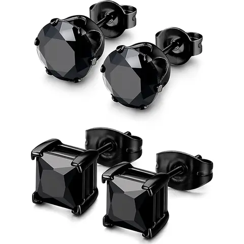 BESTEEL Hypoallergenic CZ Black Stainless Steel Stud Earrings for Men & Women - Square, Round Shape, Sensitive Ear Jewelry Set, 3-8MM Round Shape Earrings Accessories