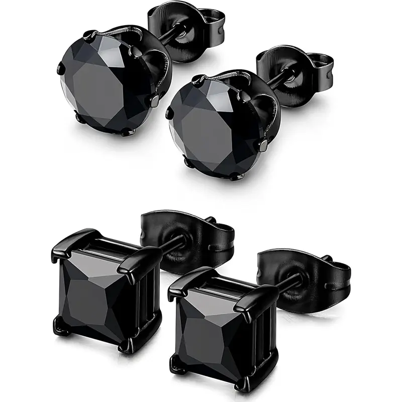 BESTEEL Hypoallergenic CZ Black Stainless Steel Stud Earrings for Men & Women - Square, Round Shape, Sensitive Ear Jewelry Set, 3-8MM Round Shape Earrings Accessories