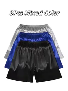 3-Piece Set Ice Silk Men's Underwear, Metallic Sheen Sleep Pants, Transparent Comfortable, Loose, Fashion Casual, Sexy Sleep Shorts, Loungewear, Menswear