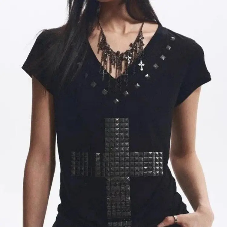 Y2K Punk Rivet Studded Cross V Neck Top, Dark Subculture Casual Short Sleeve Blouse