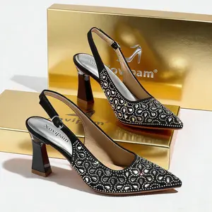 Women Summer Elegant Fashion High Heel Sandals Sparkly Rhinestone Party Wedding Evening Dressy Women Shoes Pointed Toe Block Heel Slingback