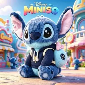 Disney Lilo & Stitch Experiment 626 Sitting Plush Toy, Soft Blue Stuffed Animal in Overalls, Official MINISO Collectible Plushie Gift for Kids Fans Birthday Christmas