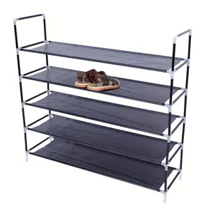 Simple Assembly 5 Tiers Non-woven Fabric Shoe Rack with Handle Black