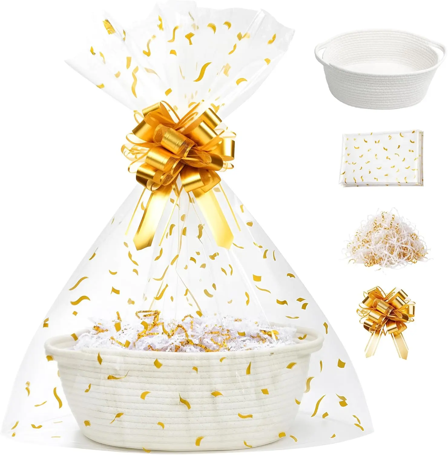 Small Woven Gift Basket Set with Cut Paper Shred Filler, Pull Bow & Cellophane Bag, 12x8x5 Inch Durable Cotton Rope Storage Basket for Easter, Baby Shower, Birthday, Holidays
