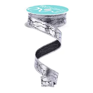 7/8" x 10yd Cracked Foil Ribbon – Black/Silver