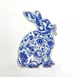 Blue Floral Grand Millennial Bunny Sequins Chenille Patch