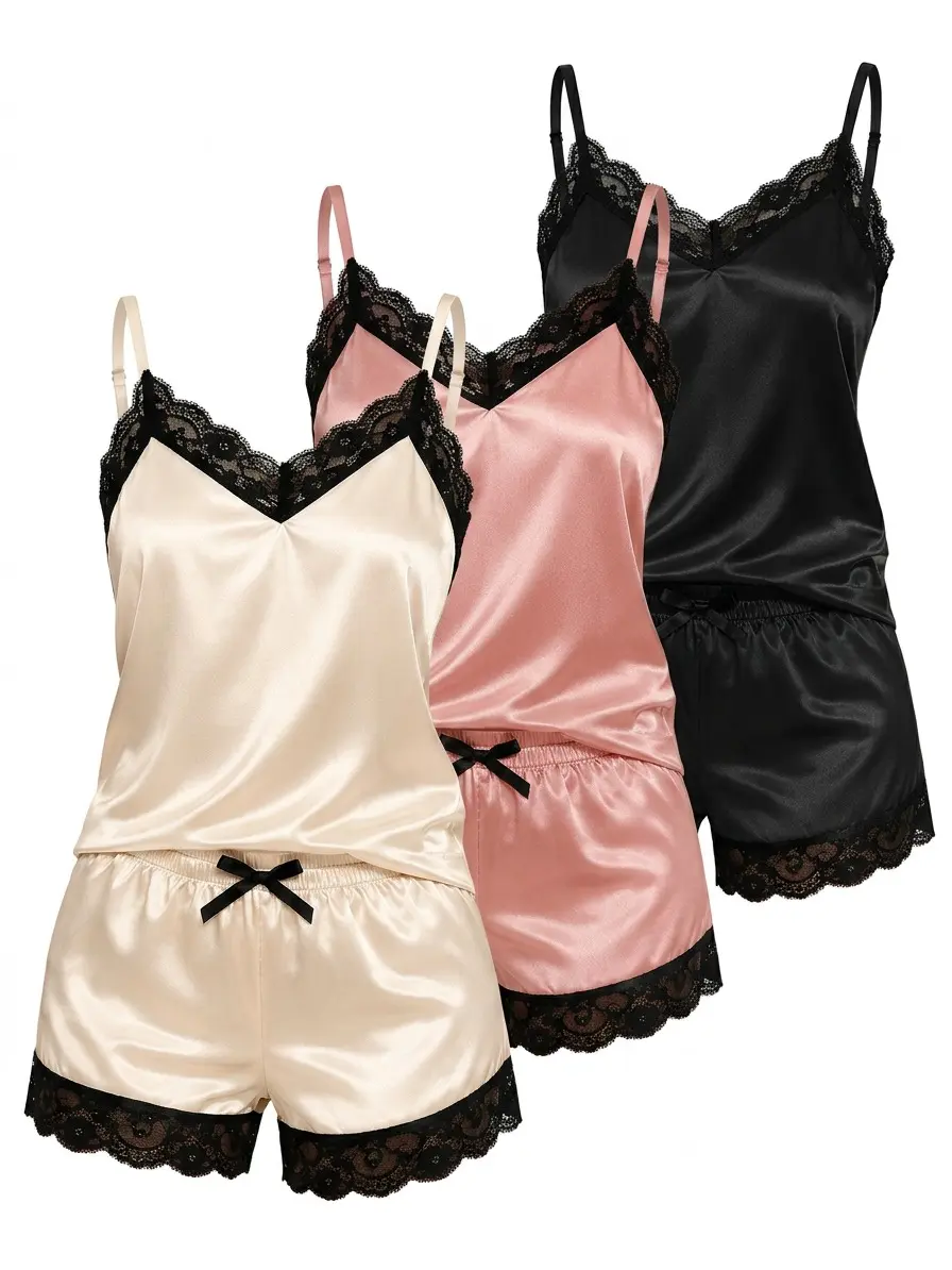 Women's 6-Piece Chic Satin Spaghetti Strap Pajama Set - Lace Trim Cami, Pajama Shorts, Silky Bridal Nightwear, Multi-Color Loungewear