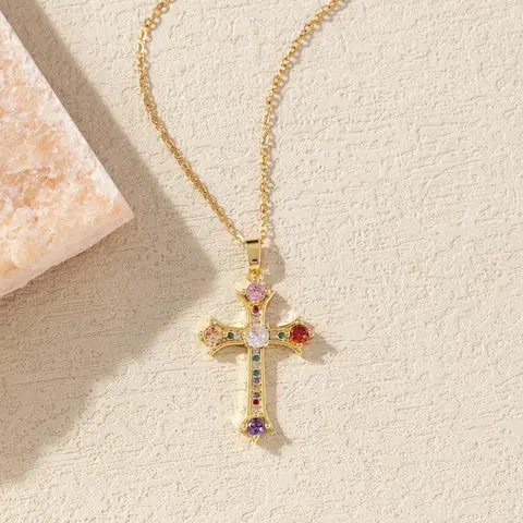 Ferrberty Unisex 14K Gold Cross Necklace - Christian Pendant with Sparkling Cubic Zirconia, Enamel, Hypoallergenic High-Quality Gold-Plated Metal Chain with Metal Coating, Casual/Party Wear Spiritual Jewelry, Ideal Gift